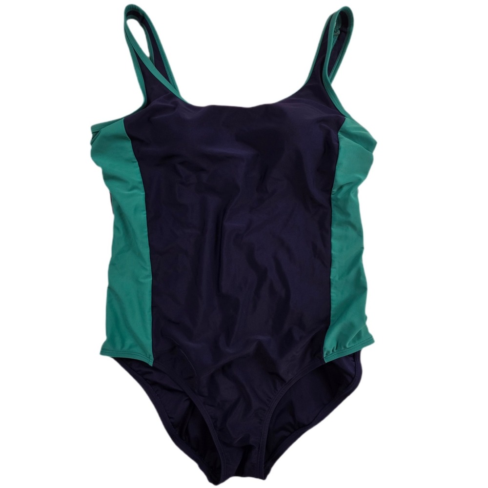 Lands End One Piece Swimsuit Womens L 14-16 Navy Teal Colorblock Scoop Neck Bath
